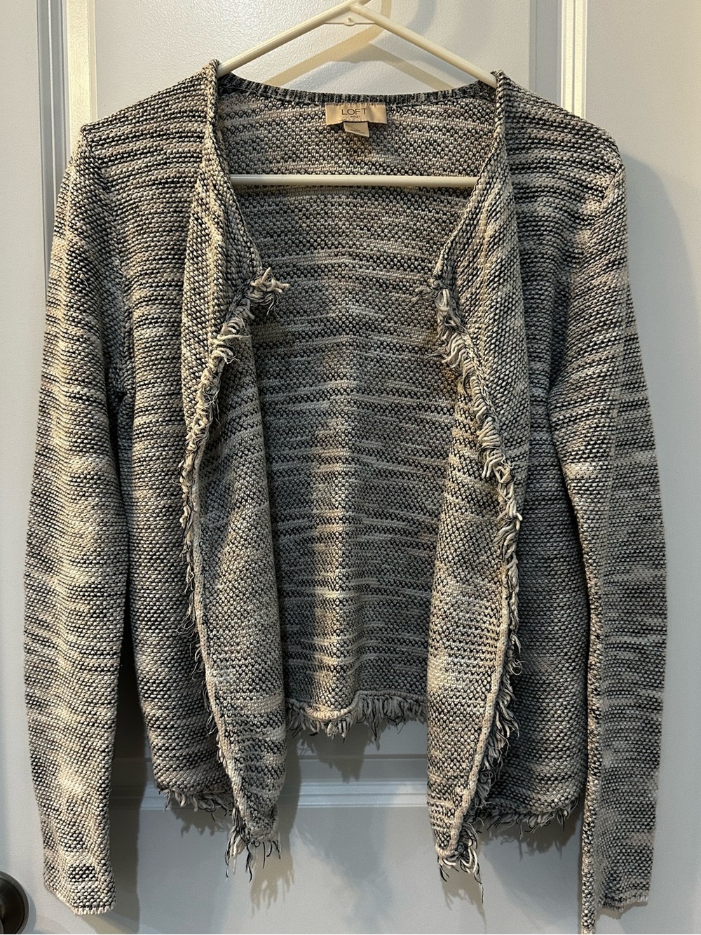 LOFT Marled Gray and White Open-Front Fringe Cardigan
